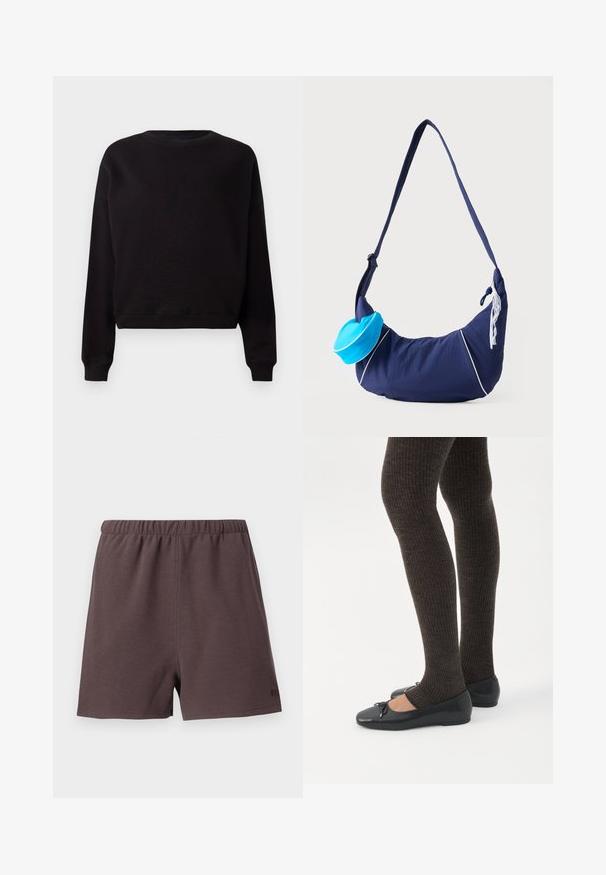 Sort sweatshirt med rund halsudskæring, lange ærmer og en cropped nederste kant. Fremstillet af blødt stof med en glat tekstur og ingen synlige mønstre.; Mørkebrune shorts lavet af tekstureret, vævet stof. Har en elastisk talje og en lille logo accent på nederste højre side.; Ben iført mørke ribbede leggings kombineret med sorte balletsko med små sløjfedetaljer på hvid baggrund.; Navyblå skuldertaske med lang rem, hvide pipingdetaljer, en lille lyseblå pung fastgjort og hvid blonderdekoration på siden.