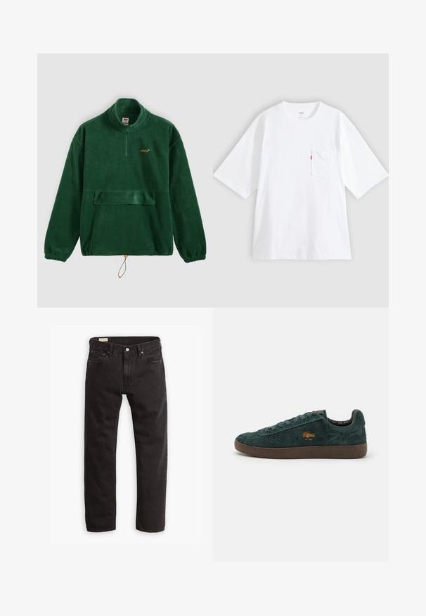 Vihreä fleece-pullover, jossa on puolivetoketjullinen kaulus, joustavat hihansuut ja etutasku. Rinnassa oranssi logo. Pehmeä pinta.; Valkoinen puuvillainen t-paita, jossa on lyhyet hihat, pyöreä kaula-aukko ja vasen rintatasku. Taskussa on pieni punainen logolappu.; Mustat farkut suoranlahkeisella leikkauksella, joissa on klassinen viiden taskun muotoilu, hillitty tikkaus ja metallinen nappikiinnitys.; Vihreät mokkakenkäparit, joissa on teksturoitu pinta, ruskea kumipohja ja pieni oranssi logo sivussa. Nauhakuviointi ja matala malli.