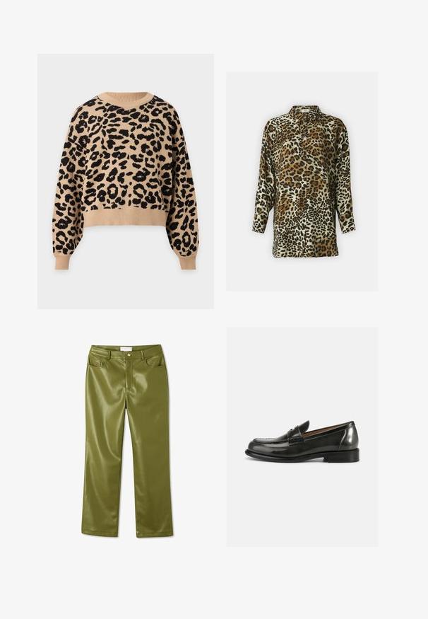 Beige trui met lange mouwen, zwart luipaardpatroon, geribde ronde hals, manchetten en zoom.; Leeuwenkleurige blouse met een knoopsluiting, gemaakt van glad materiaal. Voorzien van lange mouwen en een klassieke kraag in beige, bruin en zwart.; Olivengroene, hoge taille faux leren broeken met een gladde textuur, vier zakken en een sluiting met een knoop aan de voorkant. Rechte pijp design.; Zwarte lakleren loafers met een gestructureerd ontwerp, ronde neus en gestikte details op de bovenkant, met een lage gestapelde hak.