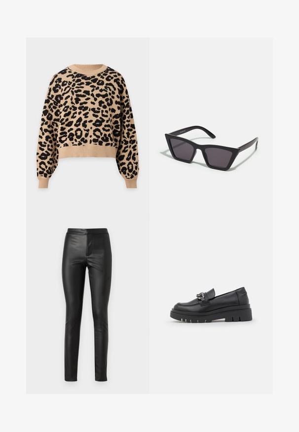 Pull beige à manches longues avec motif léopard noir, col rond, poignets et ourlet côtelés.; Leggings en cuir noir avec une texture lisse, coupe slim et taille haute. Comprend une couture avant pour une apparence élégante.; Chaussure de type mocassin noire avec une semelle plate-forme épaisse, tige en cuir lisse, accent de chaîne décoratif et léger talon avec un détail en encoches.; Lunettes noires angulaires avec des verres gris ; fabriquées en plastique, avec des branches épaisses à la surface lisse et sans matériel visible.