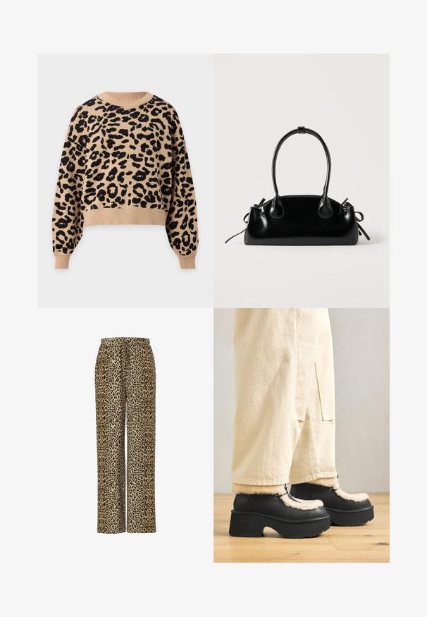 Beige sweater med lange ærmer og sort leopardmønster, ribbet rund hals, manchetter og kant.; Bukser med leopardprint i beige og brun, lavet af blødt stof, med en afslappet pasform og elastisk talje for komfort.; Sorte platformstøvler med en rund tå, der har en fluffy cremefarvet krave og snøre detaljer, parret med løse beige bukser på et trægulv.; Lille sort blank håndtaske med to lange håndtag og snøre-detaljer i siden på en ensfarvet lys baggrund.