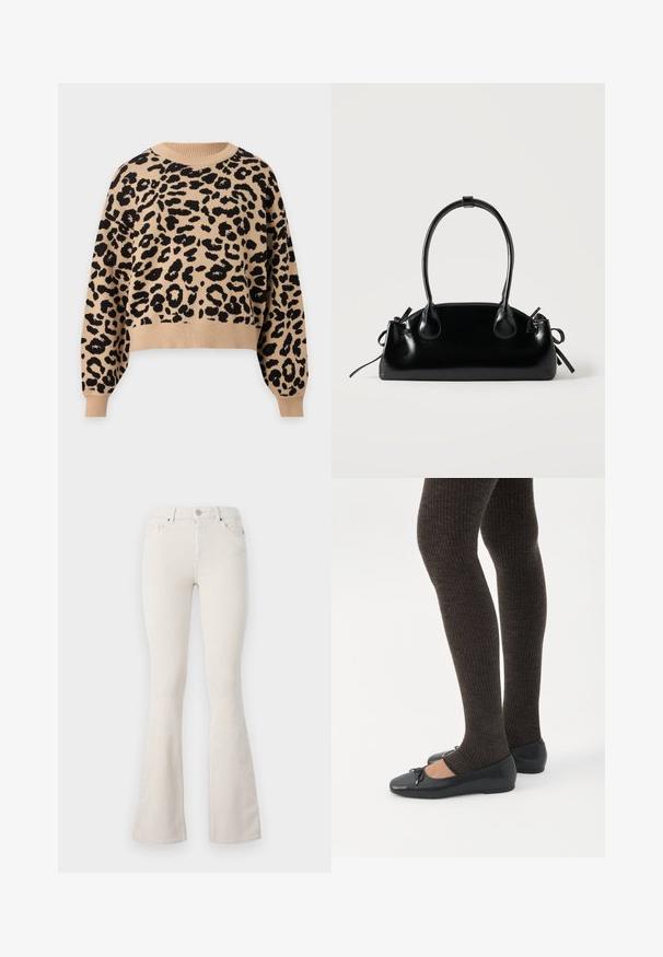 Pull beige à manches longues avec motif léopard noir, col rond, poignets et ourlet côtelés.; Pantalons en velours côtelé beige évasés avec une taille haute, présentant une fermeture à bouton métallique, des passants de ceinture, et une texture côtelée visible sur toute la surface.; Jambes portant des leggings côtelés foncés associés à des ballerines noires avec de petits détails en nœud sur fond blanc.; Petit sac à main noir brillant avec deux longues anses et des détails à cordon sur les côtés sur un fond clair uni.
