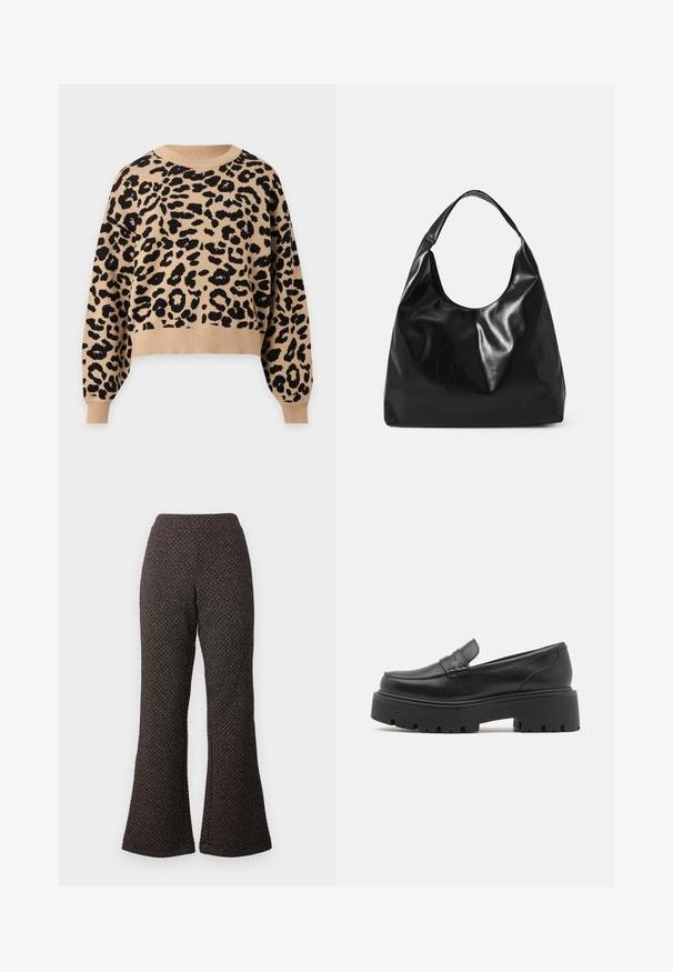 Jersey beige de manga larga con estampado de leopardo negro, cuello redondo, puños y bajo acanalados.; Pantalones negros acampanados hechos de un tejido texturizado con un diseño de punto, que cuentan con una cintura alta y piernas anchas.; Mocasines de cuero negro con una suela de goma baja y gruesa, detalles de costura en la parte superior y una textura suave.; Bolso hobo de cuero negro con una textura suave y brillante y un diseño de parte superior redondeada y abierta. Cuenta con una amplia correa curvada para llevar. Sin hardware visible.