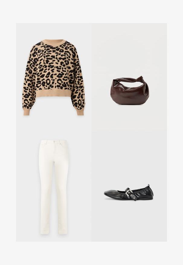 Beige sweater med lange ærmer og sort leopardmønster, ribbet rund hals, manchetter og kant.; Hvide denimjeans med lige ben, høj talje, frontlommer og en enkelt knaplukning. Glat tekstur, minimale syninger.; Sorte læder flade sko med spids tå, samling detaljer omkring åbningen, og en sølv spænde accent på den justerbare rem.; Mørkebrun læder skuldertaske med en blød, afslappet form og et snoet knudehåndtag på en ensartet hvid baggrund.