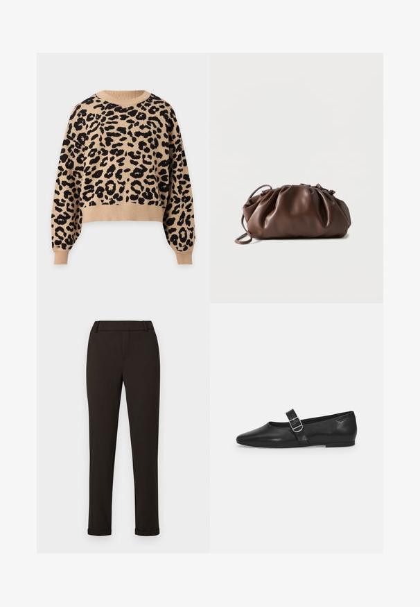 Beige sweater med lange ærmer og sort leopardmønster, ribbet rund hals, manchetter og kant.; Sorte slim-fit bukser med bæltestropper og manchetter mod en ensfarvet hvid baggrund.; Sorte læder flade sko med rund tå, et enkelt justerbart spænde og en glat, blank overflade. Minimalistisk design med en lav hæl.; Blød brun læderpung med samlet top og tynd strop, hvilende på hvid baggrund.