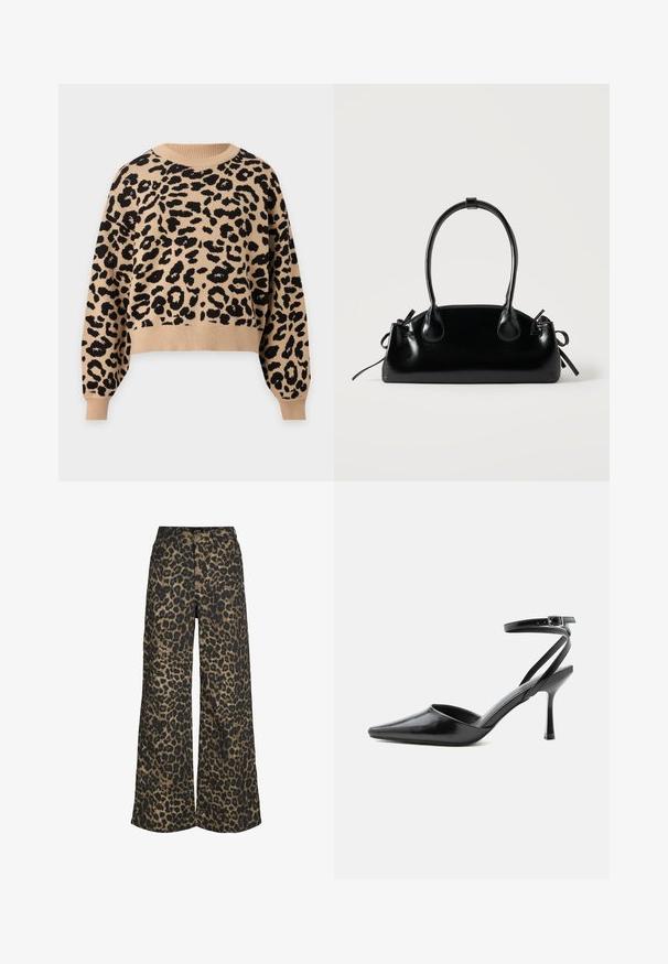 Pull beige à manches longues avec motif léopard noir, col rond, poignets et ourlet côtelés.; Pantalon à jambes larges avec un imprimé léopard marron et noir sur toute la surface, fermeture à l'avant par boutons et zip.; Escarpin noir à bout pointu avec fines brides de cheville et fermeture à boucle argentée sur fond clair uni.; Petit sac à main noir brillant avec deux longues anses et des détails à cordon sur les côtés sur un fond clair uni.