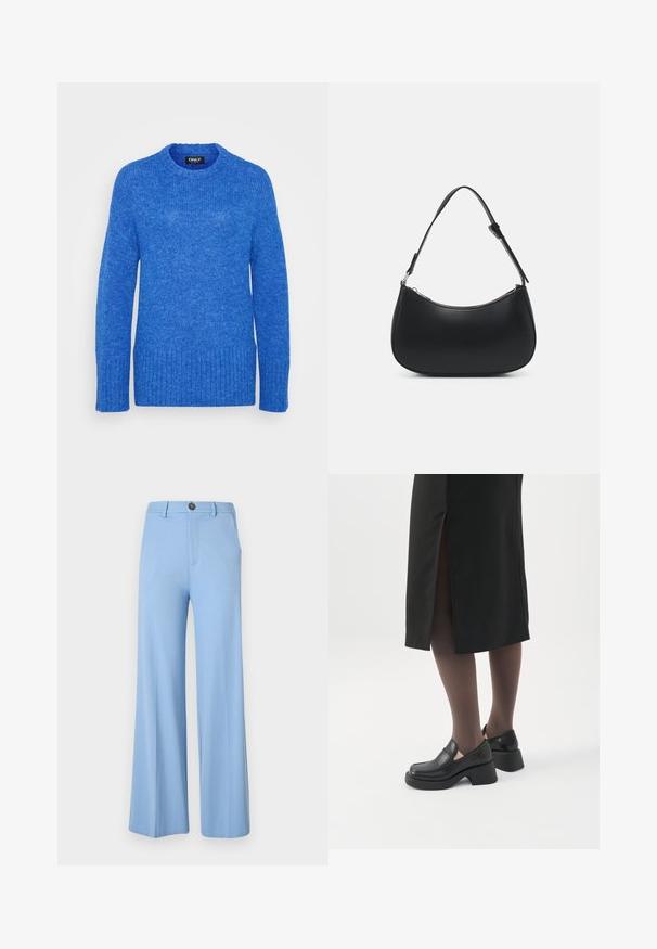 Blå strikket sweater med rund halsudskæring, lange ærmer, ribbet kant og tekstureret overflade. Stoffet er blødt og en smule fluffy.; Lys blå vide bukser lavet af et glat stof, med knaplukning og forlommer. Rent, skræddersyet design uden mønstre.; Kvinde iført sorte loafers med chunky hæl, sorte tynde strømpebukser og en sort nederdel med slids bagpå på hvid baggrund.; Pieces PCALUANA SHOULDER BAG - Håndtasker - black