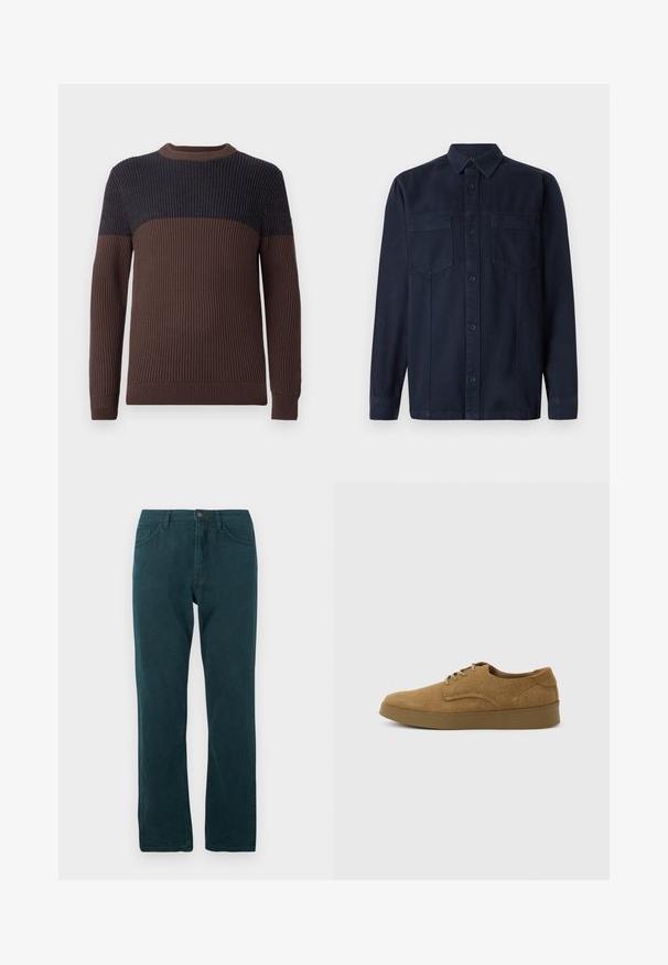 Pull en maille côtelée à manches longues avec un bas et des manches marron et un haut de poitrine et des épaules bleu marine foncé.; TOM TAILOR Chemise - sky captain blue; Jean droit bleu canard avec fermeture à bouton et zip à l'avant, poches avant et arrière, présenté à plat sur fond blanc.; Chaussure décontractée à lacets en daim marron avec semelle en caoutchouc plate, vue de côté sur un fond clair uni.