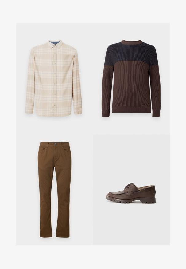 Geribbelde gebreide lange mouw trui met een bruine onderlichaam en mouwen, en een donkerblauwe bovenkant van de borst en schouders.; Beige geruite langwerpige blouse met een knoopsluiting, knopen aan de voorkant en subtiele blauwe accenten bij de halslijn. Gemaakt van zachte stof.; Bruine rechte broek met sluiting aan de voorkant met een knoop en rits, voor- en achterzakken, en riemlussen.; Koffiebruin leren schoen met een moccasinontwerp, voorzien van een gestikte neus, metalen veterogen en een dikke rubberen zool met een gestructureerd patroon.