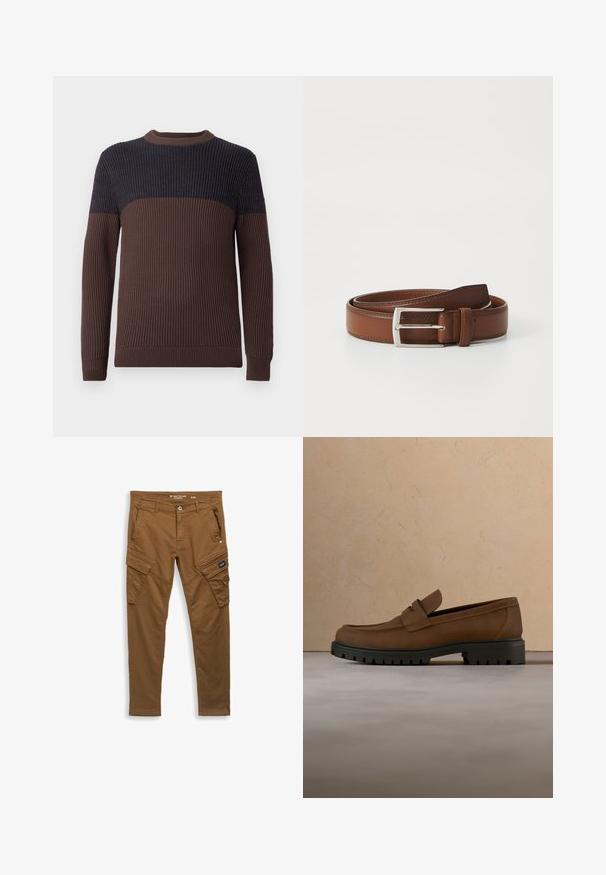 Pull en maille côtelée à manches longues avec un bas et des manches marron et un haut de poitrine et des épaules bleu marine foncé.; Pantalons cargo droits marron avec bouton avant, passants de ceinture, poches latérales et arrière, et fermetures à rabat sur les poches de cuisse.; Mocassin en cuir marron foncé avec semelle épaisse en caoutchouc noir présenté au-dessus d’un tapis beige et d’un canapé en arrière-plan.; Ceinture en cuir brun au fini lisse, avec une boucle en métal argenté et une couture subtile le long des bords. Design classique et durable.