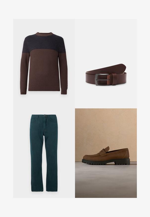 Pull en maille côtelée à manches longues avec un bas et des manches marron et un haut de poitrine et des épaules bleu marine foncé.; Jean droit bleu canard avec fermeture à bouton et zip à l'avant, poches avant et arrière, présenté à plat sur fond blanc.; Mocassin en cuir marron foncé avec semelle épaisse en caoutchouc noir présenté au-dessus d’un tapis beige et d’un canapé en arrière-plan.; Ceinture en cuir brun avec une texture lisse, dotée d'une pointe courbée et d'une boucle métallique rectangulaire au fini sombre.