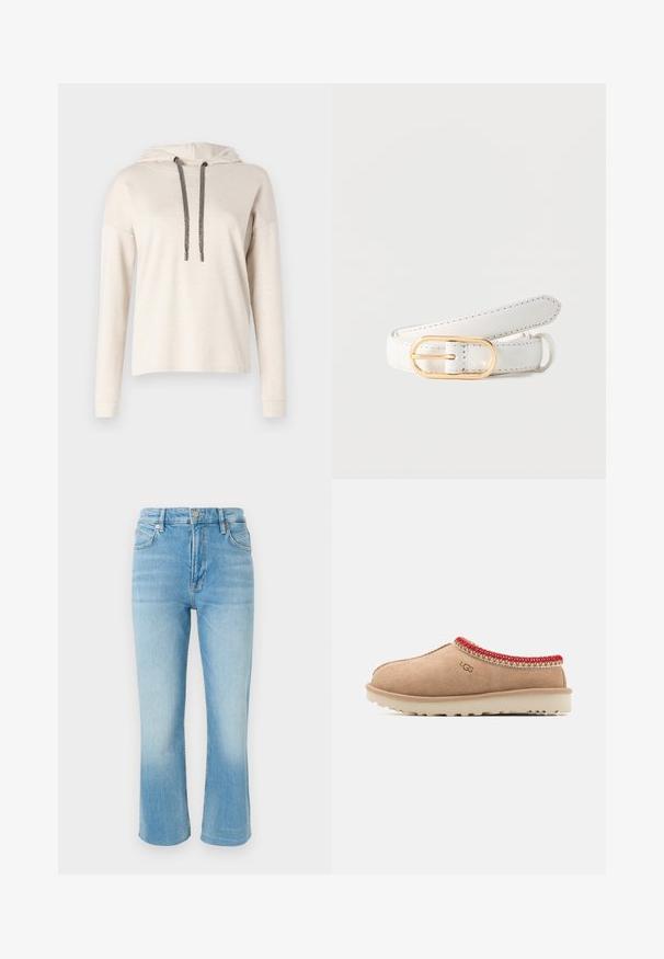 Sweatshirt beige à capuche avec manches longues, doté d'une fermeture à cordon de serrage et d'accents argentés texturés. Tissu doux et coupe décontractée.; Jean en denim bleu clair avec une taille haute, bouton et fermeture éclair à l'avant, cinq poches, et une coupe de jambe légèrement évasée.; Chaussure slip-on en daim beige avec des accents tissés rouges autour du col, semelle texturée et léger amorti pour le confort.; Ceinture en cuir blanc avec surpiqûres noires et boucle ovale en métal doré, posée enroulée sur un fond clair uni.