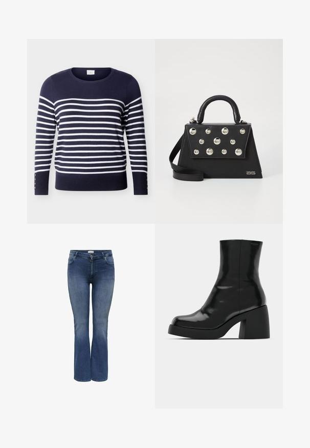 Marineblauwe trui met lange mouwen, witte horizontale strepen en knoopdetails aan de onderkant van de mouwen, ronde hals.; Denim flare jeans in medium blauw met een gladde textuur, voorzien van zijzakken en een ritssluiting. Subtiele whisker-details.; Zwarte enkellaarzen met een glanzende afwerking, vierkante neus en een dikke blokhak. Het ontwerp heeft een naadloze silhouet en minimale branding.; Zwarte handtas met een gestructureerde vorm, voorzien van een bovenhandvat, schouderriem en decoratieve metalen studs aan de voorkant.