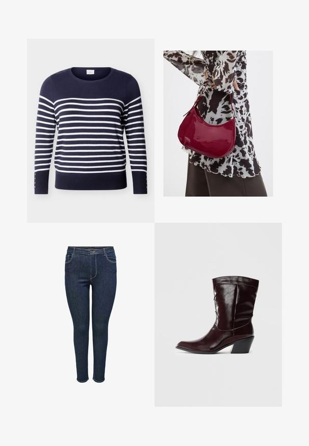 Marineblauer Pullover mit langen Ärmeln, weißen horizontalen Streifen und Knopfdetails an den unteren Ärmeln, Rundhalsausschnitt.; Dunkelblaue, enge Jeans aus Denim mit fünf Taschen, ausgestattet mit einem Knopfverschluss undNahtakzenten an den Säumen. Glatte Textur, figurbetontes Design.; Bordeauxfarbene Leder-Stiefeletten mit spitzem Schnitt, strukturierten Oberflächen und einem schmalen, niedrigen Absatz. Verfügen über dezente Nähte und einen engen Sitz.; Frau trägt eine schwarz-weiß gemusterte Bluse und hält eine glänzende rote Schultertasche vor einem einfarbigen Hintergrund.