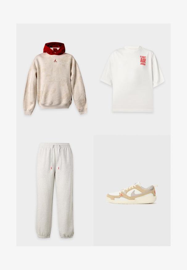 Beige hættetrøje med subtile grafiske mønstre, rød indvendig hætte, kængurulomme og lille rød Jumpman-logo på brystet.; Hvid T-shirt med korte ærmer med rød tekst "Flight Air Jordan" på øverste venstre bryst, vist på en ensfarvet baggrund.; Lysegrå joggingbukser med elastisk talje, justerbar snøre med røde ender og elastiske manchetter ved anklerne.; Hvide og beige sneakers med net- og ruskindspaneler, grå accenter, rødt logo og orange trækflap. Rund tå og polstret således design.