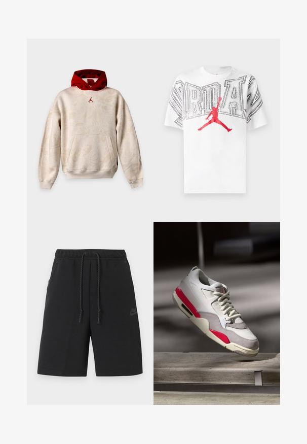 Sweat à capuche beige avec motifs graphiques subtils, capuche intérieure rouge, poche kangourou et petit logo Jumpman rouge sur la poitrine.; T-shirt en coton blanc avec un grand texte "JORDAN" en contour noir et un graphique de silhouette "Jumpman" rouge au centre.; Shorts de sport noirs Nike avec taille élastique, cordon de serrage, poches latérales et logo discret sur la cuisse gauche.; Baskets gris clair et blanches avec des accents roses et un maillage texturé. Dotées d'un design épuré et d'une semelle en caoutchouc avec amortissement d'air.