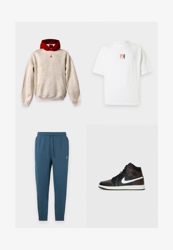 Beige hoodie met subtiele grafische patronen, rode binnenkap, kangoeroezak en klein rood Jumpman-logo op de borst.; Wit katoenen T-shirt met korte mouwen, voorzien van een klein vierkant grafisch ontwerp in koraal, zwart en grijs in het midden.; Blauwe katoenen joggerbroek met een elastische tailleband, verstelbare trekkoord, zijzakken en een klein wit logo op de linker dij.; Zwarte en bruine hoge sneakers met leren bovenwerk, witte swoosh-logo, geperforeerde neus en rubberen zool. Beschikt over zwarte veters en kraag.