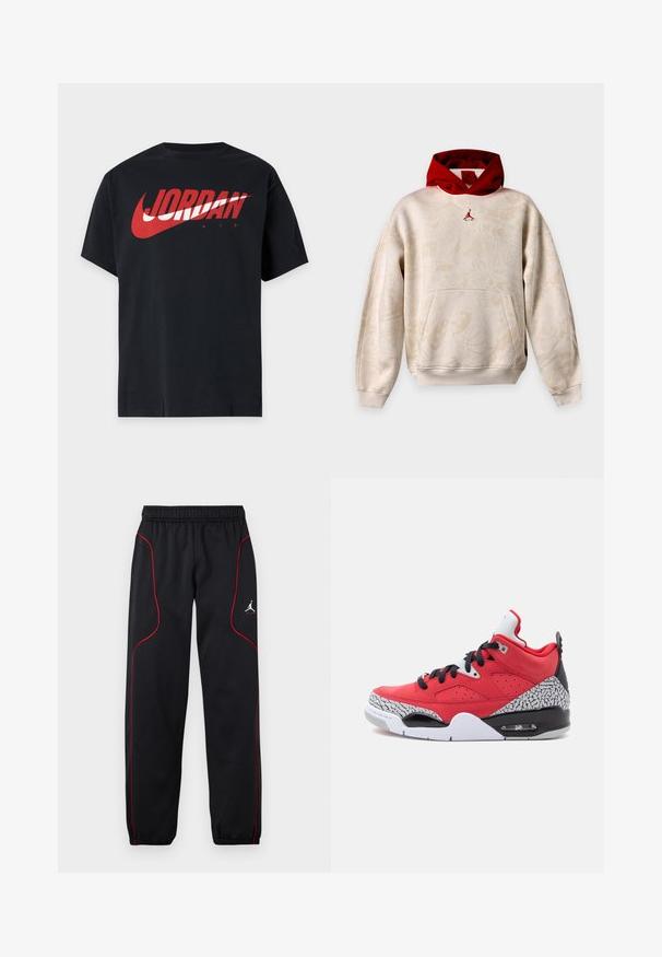 Sweat à capuche beige avec motifs graphiques subtils, capuche intérieure rouge, poche kangourou et petit logo Jumpman rouge sur la poitrine.; T-shirt noir à manches courtes avec un grand logo Jordan Air rouge et blanc sur la poitrine.; Pantalon de sport noir avec passepoil rouge, taille et poignets élastiques, et petit logo blanc Jumpman sur la cuisse droite.; Baskets montantes rouges et noires avec lacets noirs et motif éléphant gris sur la semelle et le talon, présentées sur fond blanc.