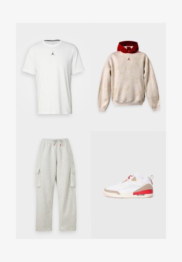 Beige hættetrøje med subtile grafiske mønstre, rød indvendig hætte, kængurulomme og lille rød Jumpman-logo på brystet.; Hvid kortærmet T-shirt lavet af bomuld, med et sort Jumpman-logo på brystet og en rund halsudskæring med et sort indvendigt mærke.; Lysegrå joggingbukser med elastisk talje, snor med røde ender og store klaplommer på begge lår.; Hvide sneakers med beige suede detaljer, røde accenter og mesh-paneler. Har en rund tå og luftpolstring i sålen for komfort.
