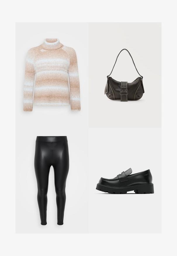 ONLY Carmakoma CARDITTE ROLLNECK - Strickpullover - cloud blue/tobacco brown; Schwarze Leggings aus einem glatten, glänzenden Material. Hoher Bund, enganliegendes Design und keine sichtbaren Nähte oder Muster.; Schwarze Leder-Loafers mit einer chunky strukturierten Sohle, ausgestattet mit einem Riemen über dem Spann und einer glatten, polierten Oberfläche.; Schwarze Leder-Schultertasche mit Schnallengurt-Detail, abgerundeten Kanten und kontrastierenden weißen Nähten auf schlichtem Hintergrund.