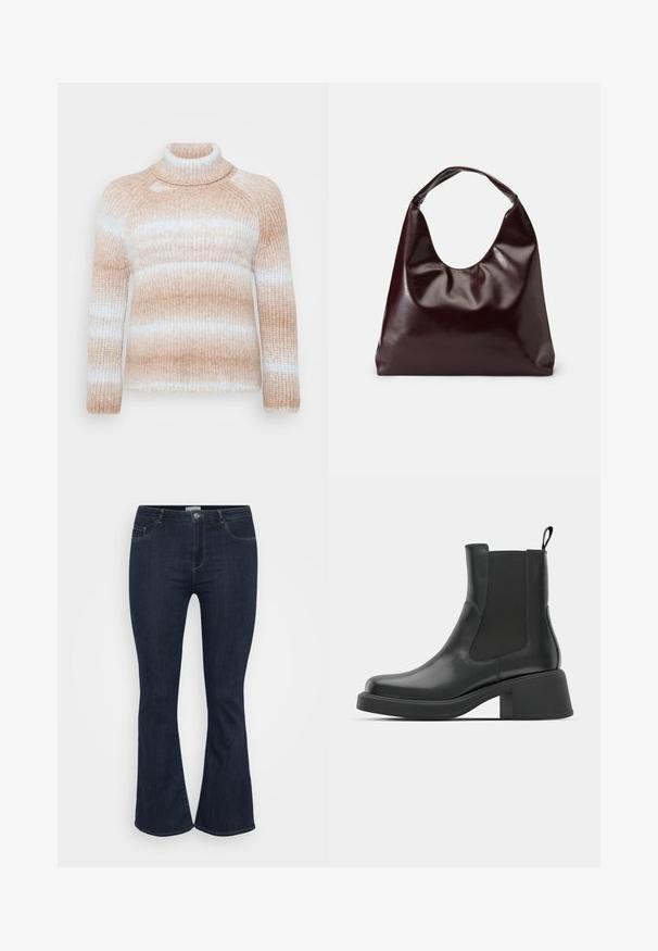 ONLY Carmakoma CARDITTE ROLLNECK - Strickpullover - cloud blue/tobacco brown; Dunkelblaue, hoch taillierte Jeans aus Denim mit schmalem Oberschenkel und leicht ausgestelltem Beinende, ausgestattet mit Fronttaschen und einem Knopfverschluss.; Schwarze Leder-Stiefeletten mit elastischen Seitenpanelen, abgerundetem Zehenbereich und einem klobigen Blockabsatz. Glatte Textur mit einem minimalistischen Design.; Burgunderfarbene, glänzende tote Bag aus veganem Leder mit einer weichen, skulpturalen Form und einem breiten, geschwungenen Henkel für einfaches Tragen.