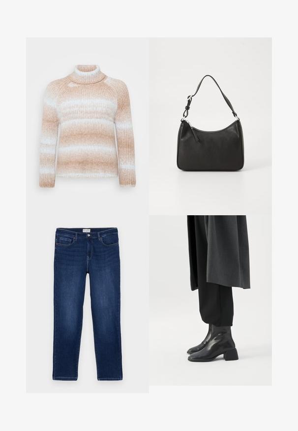 ONLY Carmakoma CARDITTE ROLLNECK - Svetrík - cloud blue/tobacco brown; Tmavomodré džínsy s rovnými nohavicami, dizajnom s piatimi vreckami, viditeľným šitím a kovovým gombíkom na zapínanie v páse.; Čierne kožené členkové čižmy s nízkymi blokovými podpätkami nosené s čiernymi nohavicami a tmavosivým dlhým kabátom.; Čierna kožená kabelka s oblým tvarom, jediným popruhom, zipsom a nenápadným logom na prednej strane. Hladká textúra, minimalistický dizajn.
