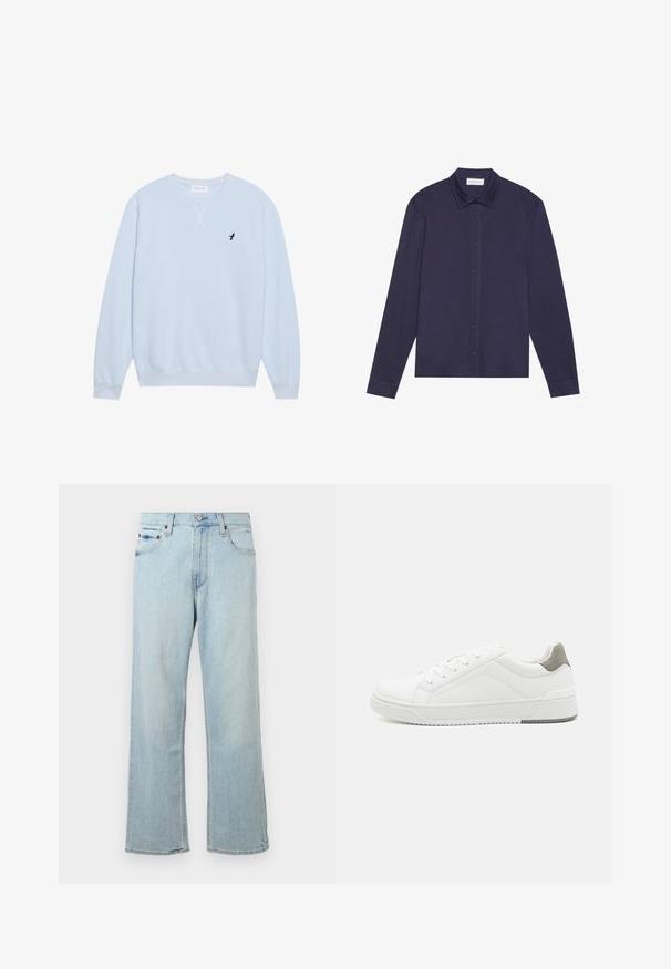 Heled helesinine puuvillane särk, millel on ümar kaelus, soonikkoes varrukad ning vasakul rinnal tikand musta linnu logoga.; Tumesinine pika varrukaga shirt, mis on valminud siledast kangast, millel on nupuga esitamine, terav krae ja veidi lõdvem istuvus.; Hele sinine denim teksad, millel on lahtine ja lai jalg. Omab viit taskut, vöökohti ja lukuga pihakuulidega.; Valge tenniseking sileda nahaga, ümar varvas, minimalistlik disain, hall kand, ja tekstureeritud kummist tald.