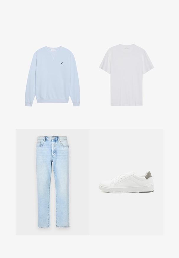 Lichtblauwe sweatshirt van katoen met een ronde hals, geribbelde manchetten en een geborduurd zwart vogellogo op de linkerborst.; Witte katoenen T-shirt met korte mouwen, een ronde hals en een gladde textuur. Heeft minimale branding op de halslijn.; Lichtblauwe spijkerbroek met een recht pijpdesign, vervaagde textuur en traditionele vijf-vakken stijl. Voorzijde met ritssluiting en knoopsluiting.; Witte sneaker van glad leer met een ronde neus, minimalistisch ontwerp, grijze hielaccent en een geplaatste rubberen zool.