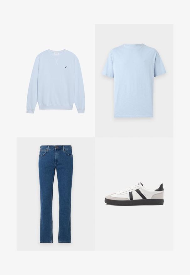 Hellblaues Sweatshirt aus Baumwolle mit Rundhalsausschnitt, gerippten Bündchen und einem gestickten schwarzen Vogel-Logo auf der linken Brust.; Hellblaues kurzärmeliges T-Shirt mit Rundhalsausschnitt und kleinem gesticktem Logo auf der linken Brust, auf schlichtem Hintergrund dargestellt.; Blaue Straight-Leg-Denim-Jeans mit vorderer Knopf- und Reißverschluss, Gürtelschlaufen und Fünf-Taschen-Design auf weißem Hintergrund.; Weiße Sneaker mit schwarz- und grau-aczenten, ausgestattet mit einer strukturierten grauen Zehenkappe, schwarzer Gummi-Sohle und flachen weißen Schnürsenkeln. Sauberes Design, minimalistische Stil.