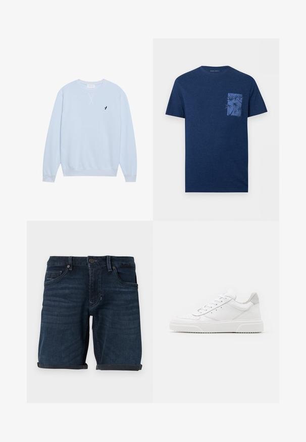 Hellblaues Sweatshirt aus Baumwolle mit Rundhalsausschnitt, gerippten Bündchen und einem gestickten schwarzen Vogel-Logo auf der linken Brust.; Marineblaues T-Shirt mit kurzen Ärmeln, Rundhalsausschnitt und kleiner Brusttasche mit blauem Palmen-Grafikdruck.; Dunkelblaue Denim-Shorts mit umgeschlagenen Säumen, mit Fronttaschen, einem Knopfverschluss und einem Markenetikett auf der Gesäßtasche.; Weiße Leder-Sneaker mit glatter Oberfläche, rundem Zehenbereich, flachen Schnürsenkeln und strukturiertem Schuhsohlen. Graues Wildleder-Detail an der Ferse.