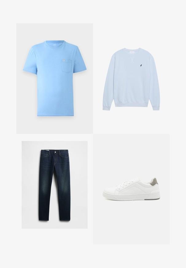 Lys blå sweatshirt lavet af bomuld med rund halsudskæring, ribbede manchetter og et broderet sort fuglelogo på venstre bryst.; Lyseblå kortærmet T-shirt lavet af blød bomuld. Har rund halsudskæring og en brystlomme med et mærketag. Glat tekstur.; Mørkeblå denim jeans med lige snit, der har fem lommer, knaplukning og diskret slid på lårene. Klassisk syning.; Hvid sneaker lavet af glat læder, rund tå, minimalistisk design, grå hælafsats og tekstureret gummisål.