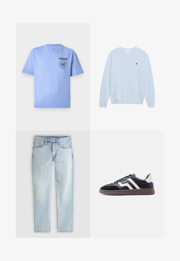 Lys blå sweatshirt lavet af bomuld med rund halsudskæring, ribbede manchetter og et broderet sort fuglelogo på venstre bryst.; Lys blå bomulds t-shirt med korte ærmer, rund hals og sort "Ramones" logo tryk på venstre brystområde. Glat tekstur.; Lyseblå jeans med lige ben, frontlås med knap og lynlås, lommer foran og bagpå samt synlige sømdetaljer.; Sorte sneakers med ruskind og syntetisk materiale, hvide diagonale striber og en brun tekstureret sål. Har snøredesign og polstret krave.