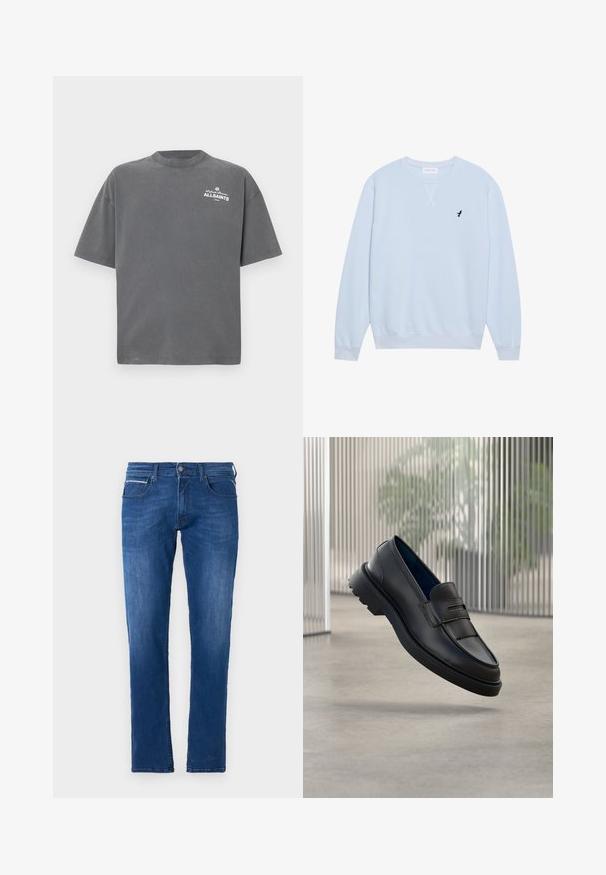 Lichtblauwe sweatshirt van katoen met een ronde hals, geribbelde manchetten en een geborduurd zwart vogellogo op de linkerborst.; Donkergrijs T-shirt met korte mouwen en ronde hals met klein wit "ALLSAINTS"-logo op de linker bovenborst.; Blauwe denim jeans met een recht gesneden ontwerp, vijf-zakken stijl en een lichte vervaging; voorzien van een metalen knoopsluiting en riemlussen.; Zwarte leren loafers met een gladde afwerking, voorzien van een decoratieve band en een gestructureerd paneel aan de voorkant, en een rubberen zool met textuur.