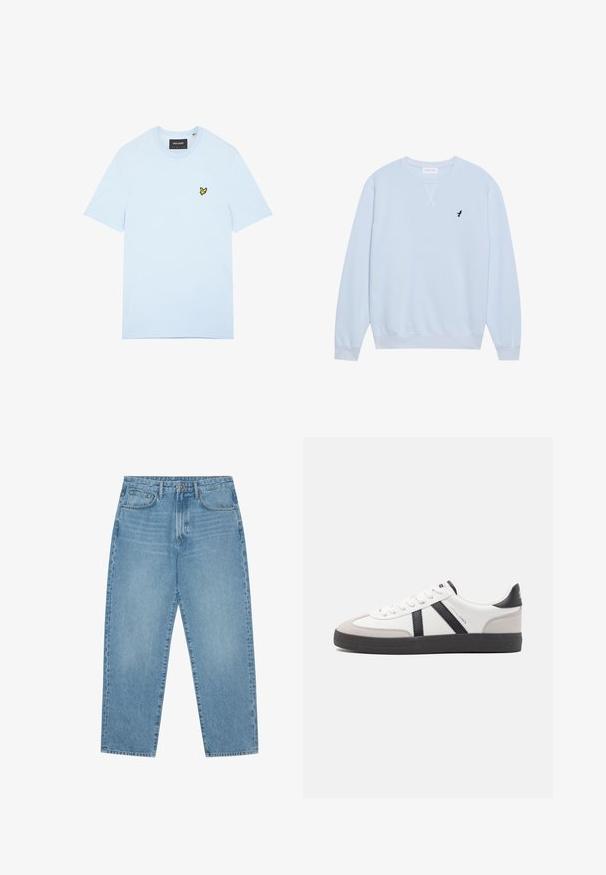 Sweatshirt bleu clair en coton avec un col ras du cou, des poignets côtelés et un logo d'oiseau noir brodé sur la poitrine gauche.; T-shirt en coton bleu clair avec col rond, arborant un petit logo d'oiseau jaune brodé sur le côté gauche de la poitrine. Manches courtes, couleur unie.; Jean en denim bleu clair avec une coupe droite, design cinq poches et une texture légèrement délavée. Dispose d'une fermeture à bouton et à glissière.; Baskets blanches avec des accents noirs et gris, présentant un embout texturé gris, une semelle en caoutchouc noir et des lacets plats blancs. Design épuré, style minimaliste.