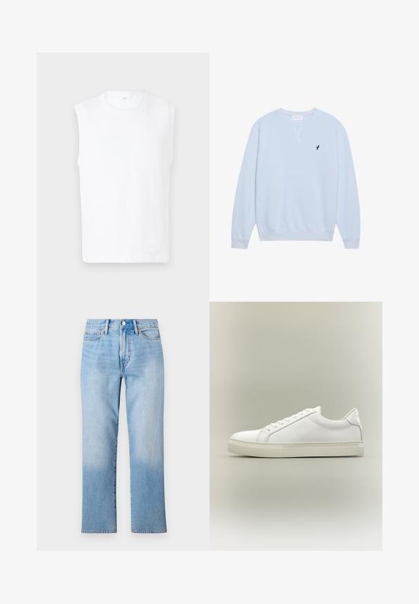 Lys blå sweatshirt lavet af bomuld med rund halsudskæring, ribbede manchetter og et broderet sort fuglelogo på venstre bryst.; Hvid ærmeløs T-shirt med rund halsudskæring, lavet af et glat stof, med et enkelt design og rene kanter.; Lys blå denim jeans med lige ben-design, der har en falmet vask, standard fem-lomme styling og en klassisk knaplukning.; Hvid lavtop sneaker med snørebånd foran og tyk sål, vist fra siden mod en neutral baggrund.