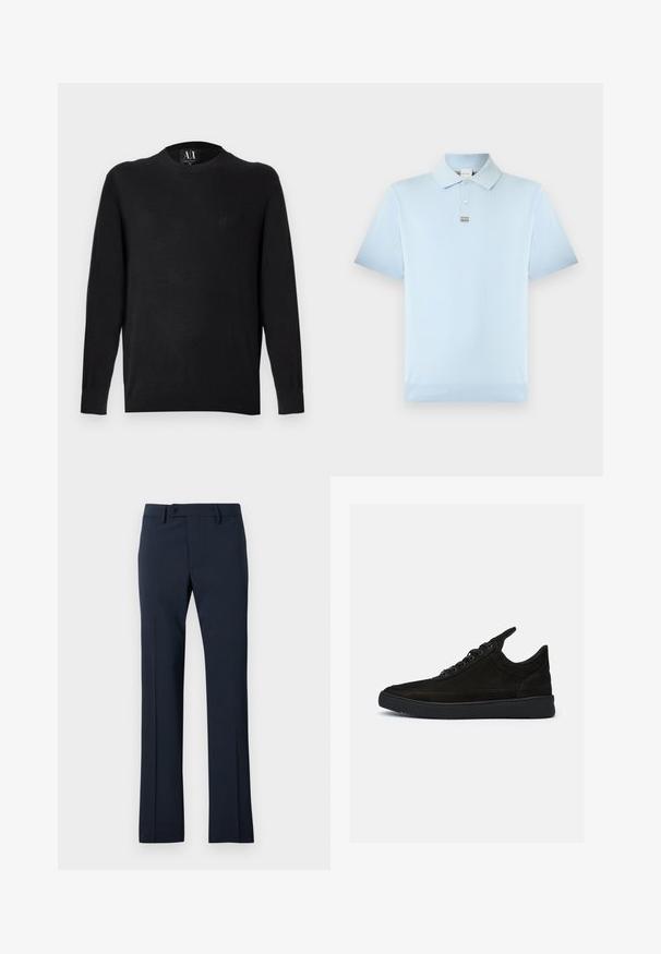 Sort strikket sweater med lange ærmer, rund halsudskæring og ribbede manchetter. Har en broderet logo på brystet. Glat tekstur.; Lyseblå kortærmet polo med to knapper og diskrete stribedetaljer på knappelisten mod en ensartet hvid baggrund.; Mørkeblå bukser lavet af glat stof, med et lige ben design, en knaplukning og detaljer med frynser foran.; Sorte ruskind sneakers med lav profil, rund tå og struktureret gummisål. Har fem snøringer og en bageste pull tab.