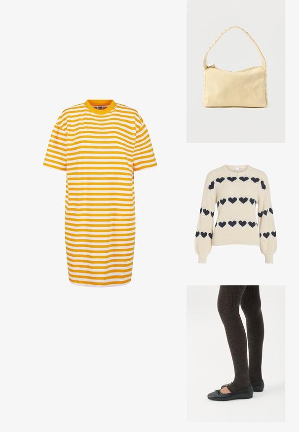 Pull en tricot crème avec des motifs de cœurs noirs sur la poitrine, les manches et les épaules, doté de manches longues bouffantes et d'un col rond.; Robe t-shirt rayée avec des rayures alternées jaunes et blanches, col rond et manches courtes, confectionnée dans un tissu doux.; Jambes portant des leggings côtelés foncés associés à des ballerines noires avec de petits détails en nœud sur fond blanc.; Petit sac à main en cuir beige avec une seule bandoulière et des clous argentés le long des bords et de la bandoulière, posé sur un fond uni.