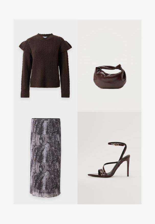 Donkerbruine gebreide trui met textuur kabelpatronen en gerimpelde schouderdetails, met lange mouwen en geribbelde manchetten en zoom.; Zwart en grijs slangenprint pencil skirt met een sheer, textuurstof. Kenmerkt zich door een scalloped zoom en details aan de bovenrand.; Bordeaux gepatineerde leren hoge hakken sandaal met een enkelbandje, puntige neus en drie horizontale banden over de voet. Details met gouden gesp.; Donkerbruine leren schoudertas met een zachte, slungelige vorm en een gedraaide knoopvormige handgreep op een effen witte achtergrond.