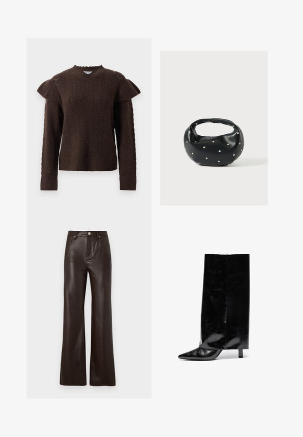 Pull en tricot marron foncé avec des motifs de cable texturés et des détails de volants aux épaules, doté de manches longues et de poignets et d'un ourlet côtelés.; Vero Moda Wide-leg VMTESSA High rise - Pantalon classique - chocolate torte; Botte chelsea en cuir noir avec un bout pointu et un talon bloc, présentant un tige haute et brillante ainsi qu'une finition texturée sur la partie inférieure.; Sac à main en cuir noir de forme arrondie, décoré de clous argentés et équipé d'une poignée courte. Texture lisse et fermeture éclair.