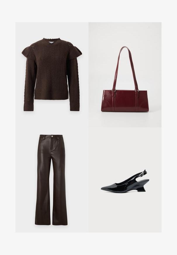 Donkerbruine gebreide trui met textuur kabelpatronen en gerimpelde schouderdetails, met lange mouwen en geribbelde manchetten en zoom.; Vero Moda Wide-leg VMTESSA High rise - Broek - chocolate torte; Zwarte lakleren slingback schoen met spitse neus en lage schuine blokhak op een effen lichte achtergrond.; Bourgondische handtas van glanzend materiaal, rechthoekige vorm, met twee schouderbanden en subtiele gebogen accenten aan de voorkant.