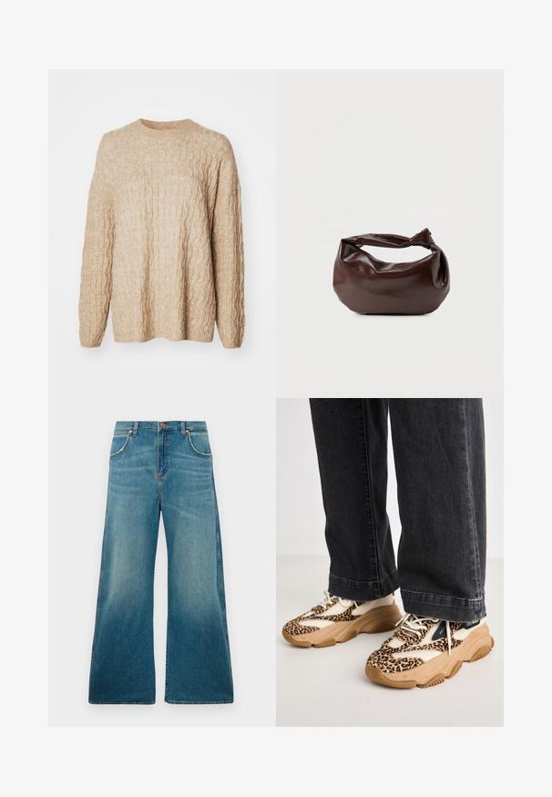 Beige strikket sweater med et tekstureret kabeldesign, rund halsudskæring og lange ærmer. Stoffet ser blødt og chunky ud.; Højtaljede blå denimjeans med brede ben, frontlommer, knaplukning og en falmet farvegradient fra talje til kant.; Sneakers med leopardprint og mesh- og læderpaneler, tan-gummisål og kontrasterende sorte accenter. Båret med løstsiddende mørke jeans.; Mørkebrun læder skuldertaske med en blød, afslappet form og et snoet knudehåndtag på en ensartet hvid baggrund.