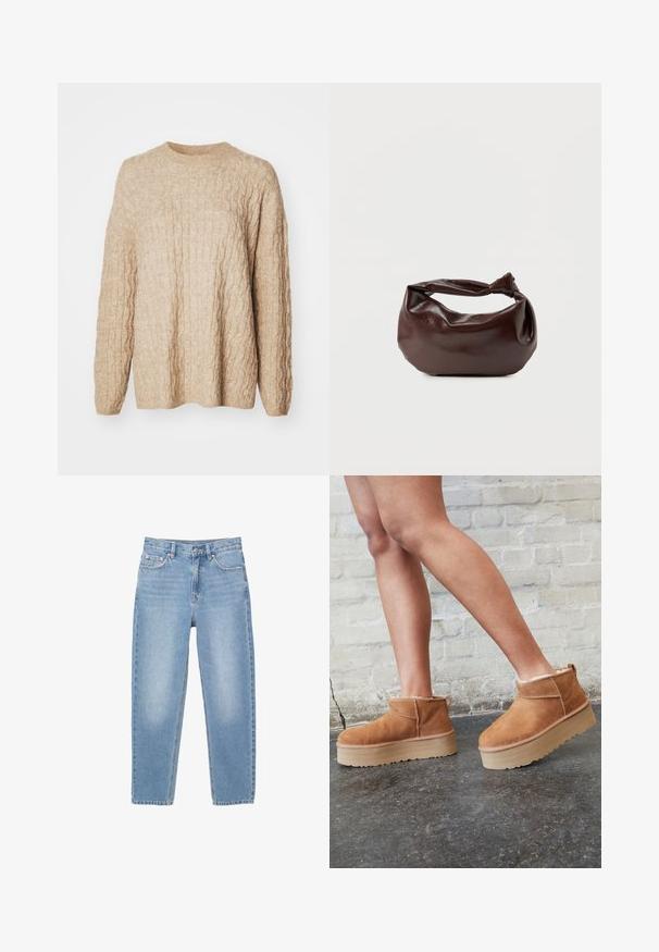 Beige Strickpullover mit strukturiertem Zopfmuster, rundem Ausschnitt und langen Ärmeln. Der Stoff wirkt weich und voluminös.; Hellblaue Denim-Jeans mit hoher Taille, Frontknopf, Reißverschluss und Fünf-Taschen-Design, flach auf weißem Hintergrund dargestellt.; Braune Wildleder-Stiefeletten mit einem weichen Futter, dicker beige Plateau-Sohle und einer Zuglasche auf der Rückseite. Strukturiert Oberfläche mit sichtbaren Nähdetails.; Dunkelbraune Lederschultertasche mit weicher, lockerer Form und einem gedrehten Knotengriff vor schlichtem weißem Hintergrund.