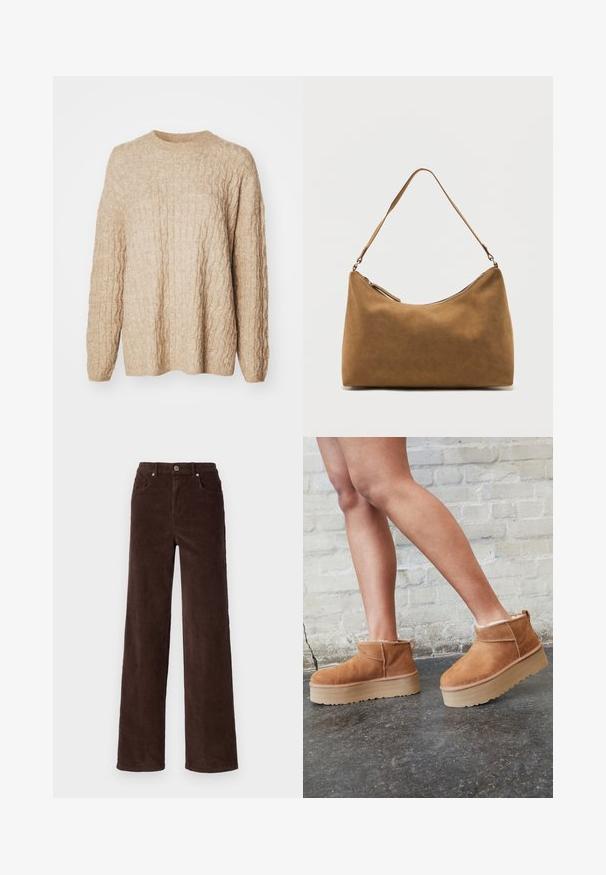 Beige kudumišestega kampsuni tekstuuriga kaablidisainiga, ümmarguse kaeluse ja pikkade varrukatega. Kangas näib olevat pehme ja paks.; Vero Moda VMTESSA WIDE PANTS - Püksid - chocolate torte; Pruunist seemsest valmistatud pahkluu saapad, millel on pehme vooder, paks beež platvormi konts ja tagumine tõmblukk. Tekstureeritud pind nähtavate õmbluse detailidega.; Pruun seemisest õlakott ühe rihma ja pealmise tõmblukuga, esitatud tavalise valge tausta ees.