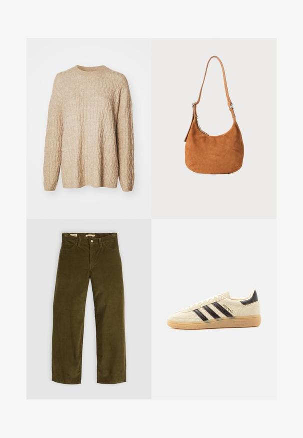 Beige Strickpullover mit strukturiertem Zopfmuster, rundem Ausschnitt und langen Ärmeln. Der Stoff wirkt weich und voluminös.; Olivgrüne Cordhosen mit geradem Bein, die über Fronttaschen und einen Knopfverschluss verfügen und eine vertikale Rippstruktur aufweisen.; Cremefarbener Wildleder-Sneaker mit schwarzen Streifen, Gummisohle, schwarzem Fersenlasche und goldenem „SPEZIAL“-Schriftzug an der Seite.; Tasche aus hellbraunem Wildleder mit geschwungenem Design, verstellbarem Trageriemen, Metallreißverschluss und geprägtem Logodetail auf der Vorderseite.