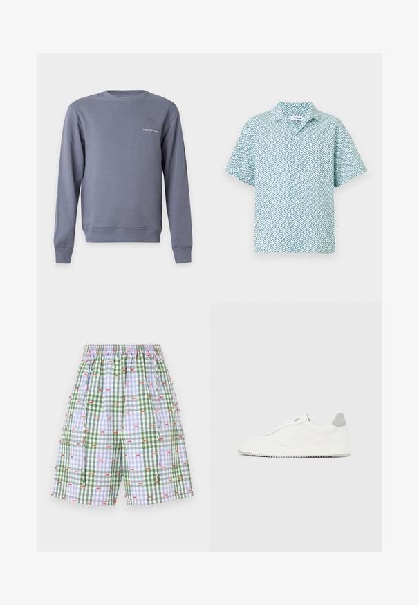 Sweat-shirt gris à manches longues et col rond avec petit texte blanc "Tiger of Sweden" sur le côté gauche de la poitrine.; Chemise à manches courtes boutonnée avec un motif géométrique zigzag bleu clair et bleu foncé sur fond blanc.; Shorts à carreaux verts et bleus avec une taille élastique, ornés d'un motif de cerises rouges. Design léger et décontracté avec des poches latérales.; Baskets basses blanches avec un onglet de talon gris, des lacets blancs et une semelle texturée, présentées sur un fond uni clair.