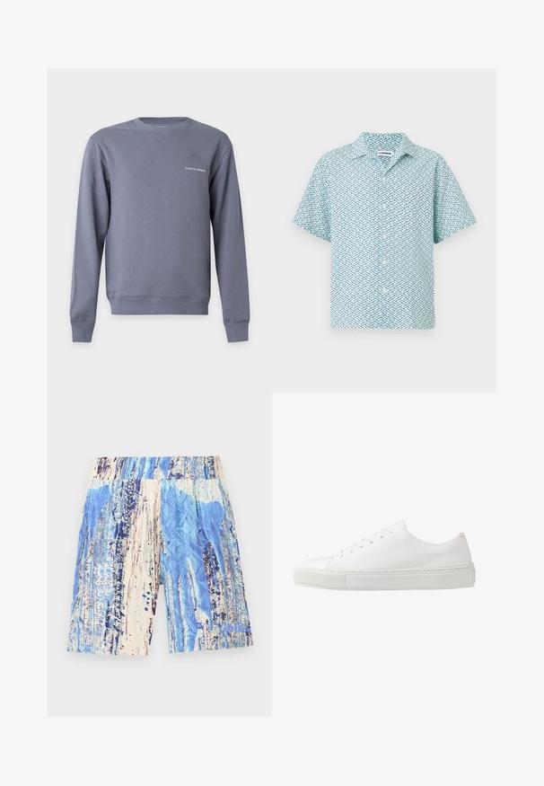 Sweat-shirt gris à manches longues et col rond avec petit texte blanc "Tiger of Sweden" sur le côté gauche de la poitrine.; Chemise à manches courtes boutonnée avec un motif géométrique zigzag bleu clair et bleu foncé sur fond blanc.; Shorts bleus et beiges à motifs, avec une ceinture élastique, présentant des dessins abstraits semblables à de la peinture et un tissu légèrement texturé.; Baskets en cuir blanc avec une finition lisse, bout rond et six œillets pour les lacets. Présente une semelle en caoutchouc texturée et un design minimaliste.