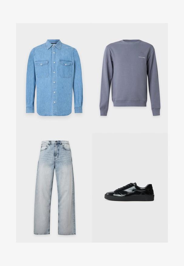 Sweat-shirt gris à manches longues et col rond avec petit texte blanc "Tiger of Sweden" sur le côté gauche de la poitrine.; Chemise en denim bleu clair à manches longues avec fermeture boutonnée sur le devant et deux poches poitrine à rabat avec boutons-pression sur fond blanc.; Jean en denim bleu clair délavé, coupe droite, design classique cinq poches, fermeture par bouton à la taille.; Baskets en cuir verni noir avec un bout arrondi, un laçage, une semelle en caoutchouc texturé et une finition lisse.