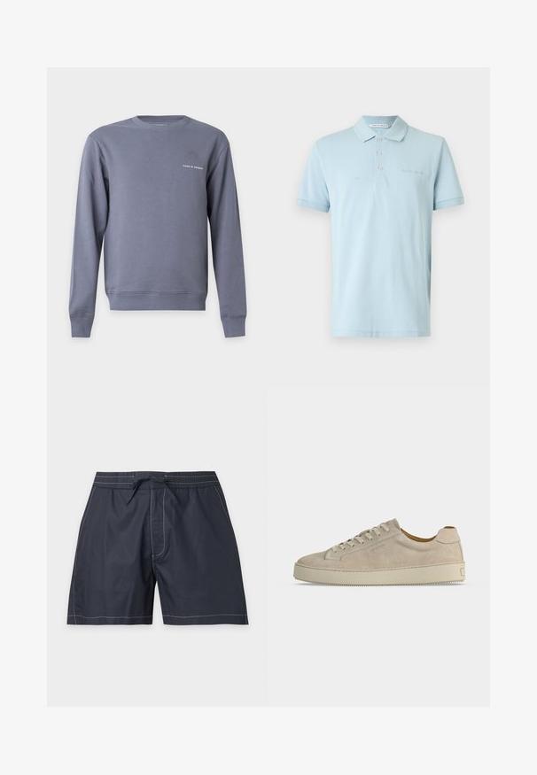 Sweat-shirt gris à manches longues et col rond avec petit texte blanc "Tiger of Sweden" sur le côté gauche de la poitrine.; Polo bleu clair à manches courtes avec trois boutons et un petit logo "Tiger of Sweden" sur la poitrine et l'étiquette du col.; Short de bain bleu marine avec coutures blanches, taille élastique, poches latérales et fermeture à nouer sur le devant.; Baskets basses beiges en daim avec fermeture lacée et semelle épaisse en caoutchouc, vues de profil sur fond blanc uni.