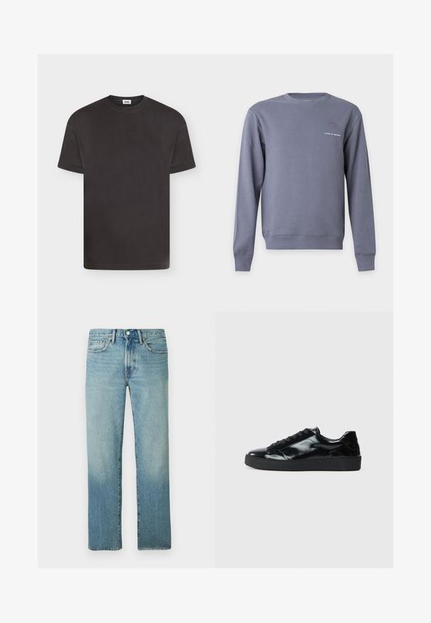 Sweat-shirt gris à manches longues et col rond avec petit texte blanc "Tiger of Sweden" sur le côté gauche de la poitrine.; T-shirt noir basique à manches courtes et col rond avec un design de revers plié sur les manches, présenté sur fond blanc.; Jean en denim bleu clair avec une coupe droite, des coutures visibles et un motif décoloré. Comprend une fermeture à bouton et cinq poches.; Baskets en cuir verni noir avec un bout arrondi, un laçage, une semelle en caoutchouc texturé et une finition lisse.
