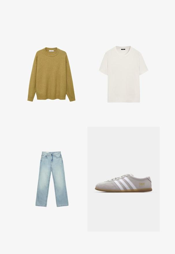 Sweater i sennepsgul, lavet af blødt stof. Har en ribbet rund halsudskæring og lange ærmer med en normal pasform og en lige kant.; Enkelt hvid T-shirt med korte ærmer og rund hals, afslappet pasform, vist mod en hvid baggrund.; Lyseblå højtaljede brede jeans med let slid på forlommer og lår, knaplukning og design med fem lommer.; Grå suedestøvle med hvide læderstriber og guldlogo-detalje. Flad gummisål, rund tå og klassisk snølukkedesign.